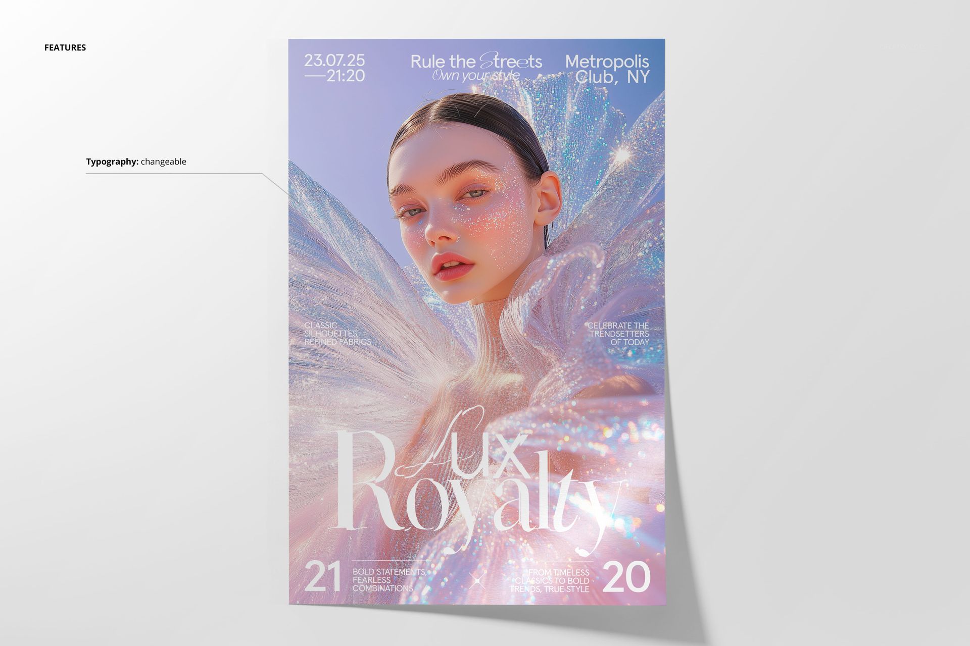 PSD mockup of a poster featuring shimmering abstract patterns in pink and purple tones with prominent typography.