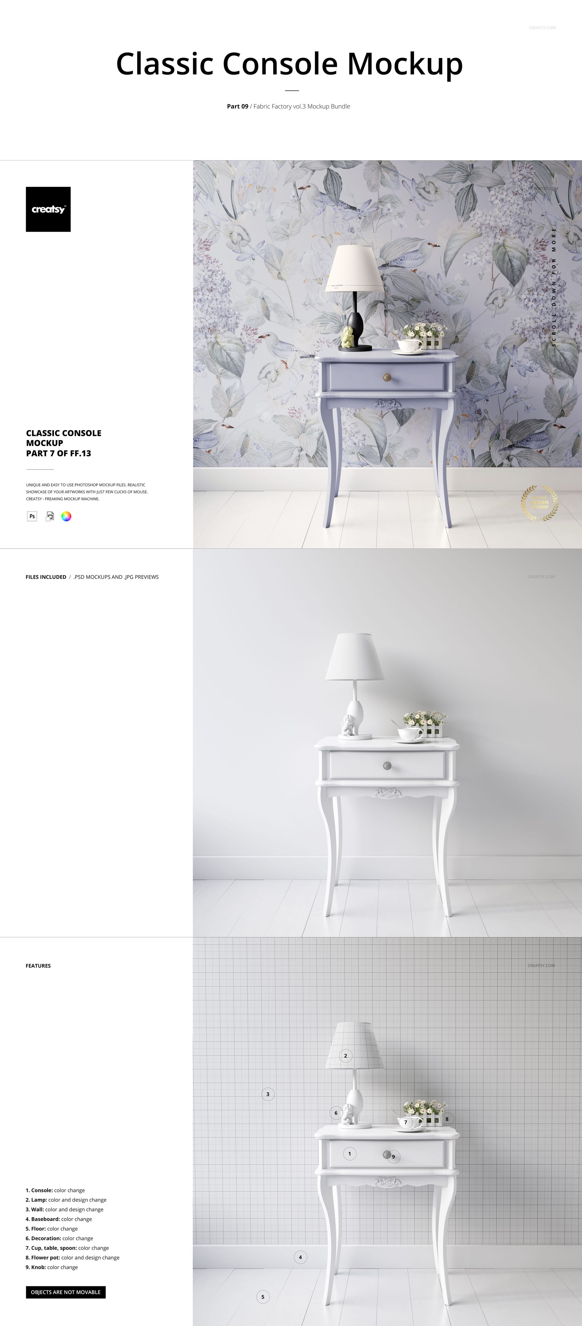 Classic console table mockup shown in three scenes with floral and geometric wallpaper backgrounds and home decor props.