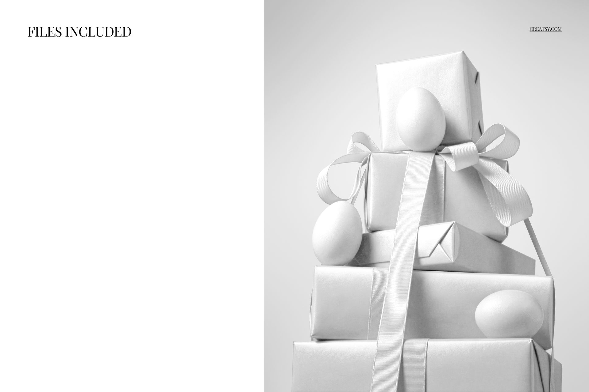Stack of wrapped gift boxes with ribbons and Easter eggs, shown in a front view PSD mockup on a light background.