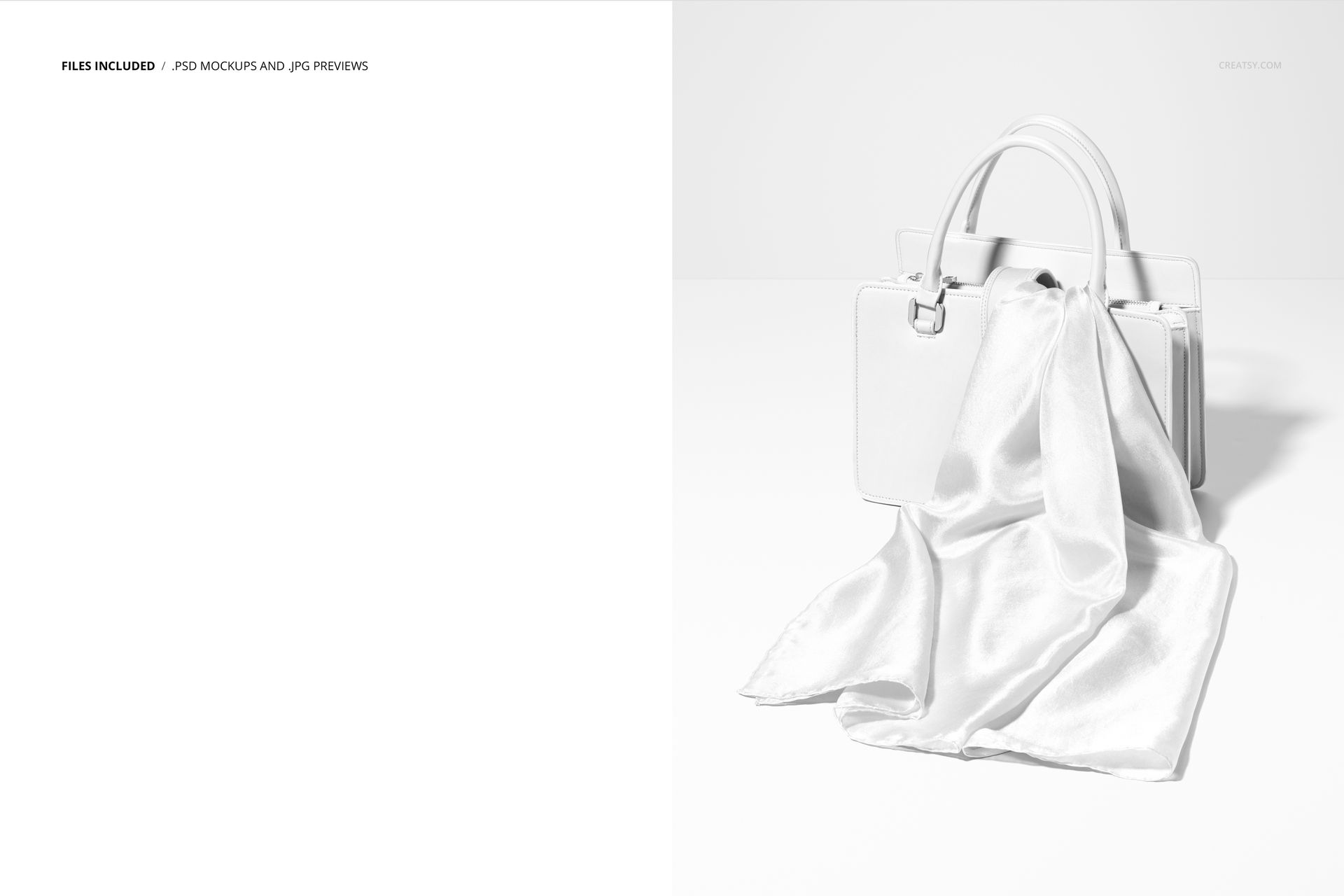White silk scarf with a subtle sheen displayed over a white handbag, shown in a realistic PSD mockup scene.