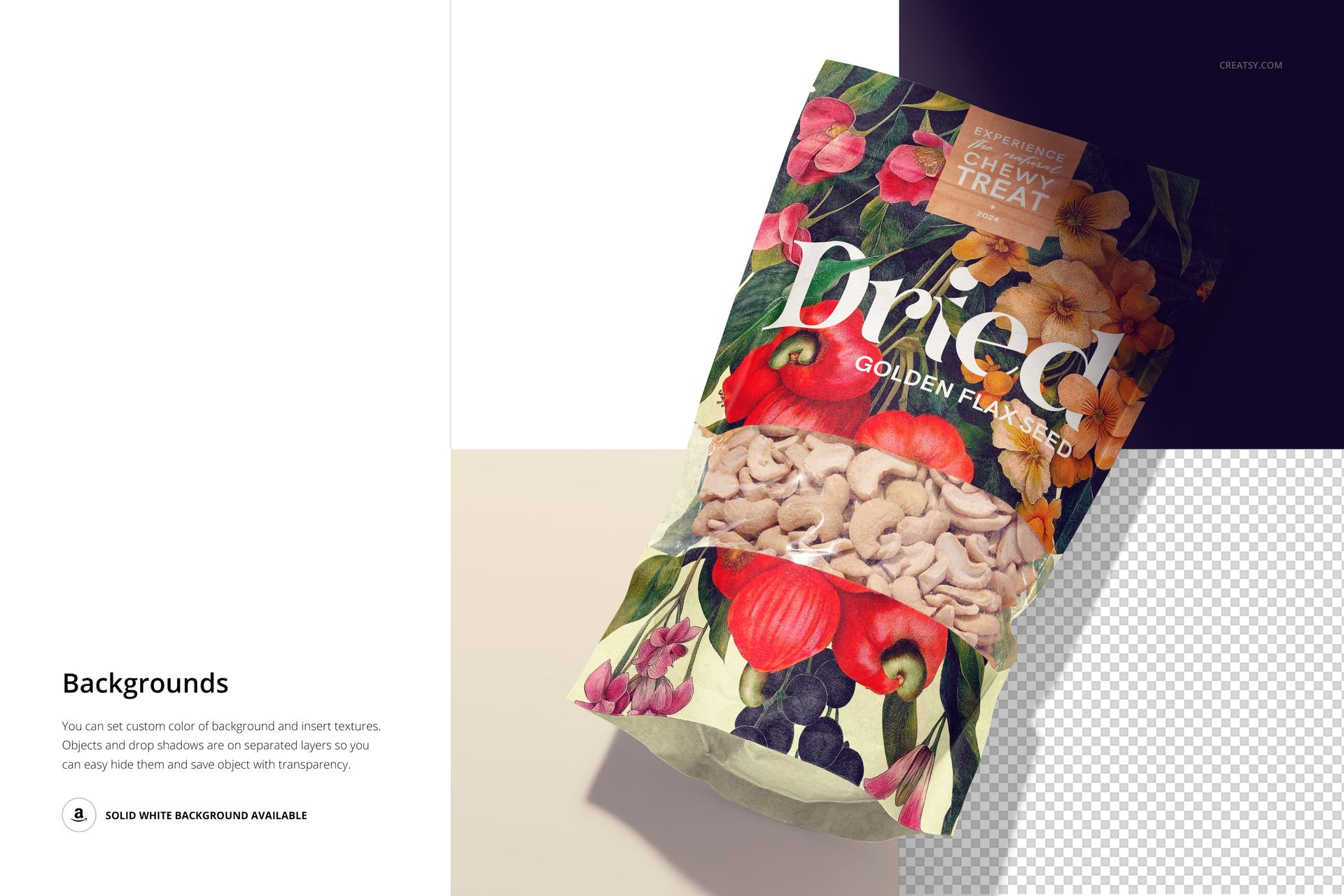 Front view of a paper pouch mockup with cashews visible through a transparent window and a colorful floral pattern.