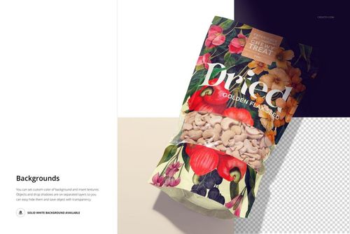 Front view of a paper pouch mockup with cashews visible through a transparent window and a colorful floral pattern.