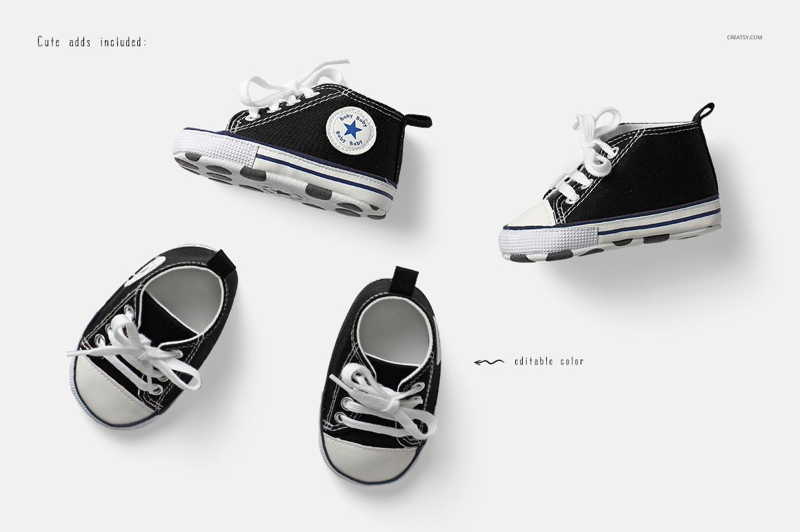 Baby footwear mockup featuring black canvas sneakers with white details, presented from multiple angles on a neutral background.