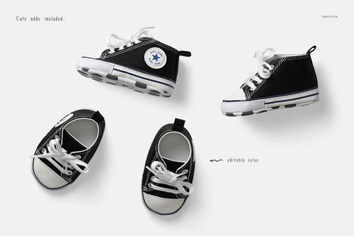 Baby footwear mockup featuring black canvas sneakers with white details, presented from multiple angles on a neutral background.