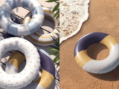 PSD mockup of swim rings in different styles, displayed on a poolside deck and beside ocean waves on sand.