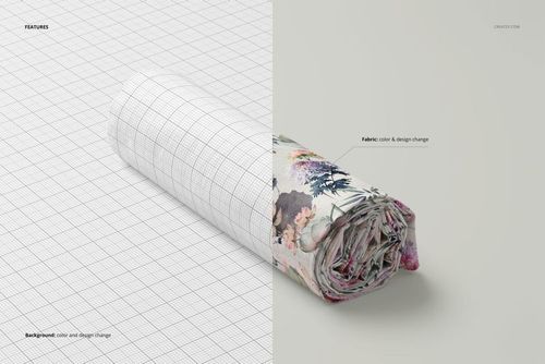 Rolled cotton fabric mockup displayed from a side angle, featuring a floral pattern and a plain background.