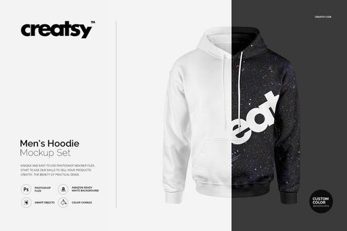 Front view of a men's hoodie mockup, half in plain white and half with a black starry pattern and bold text design.