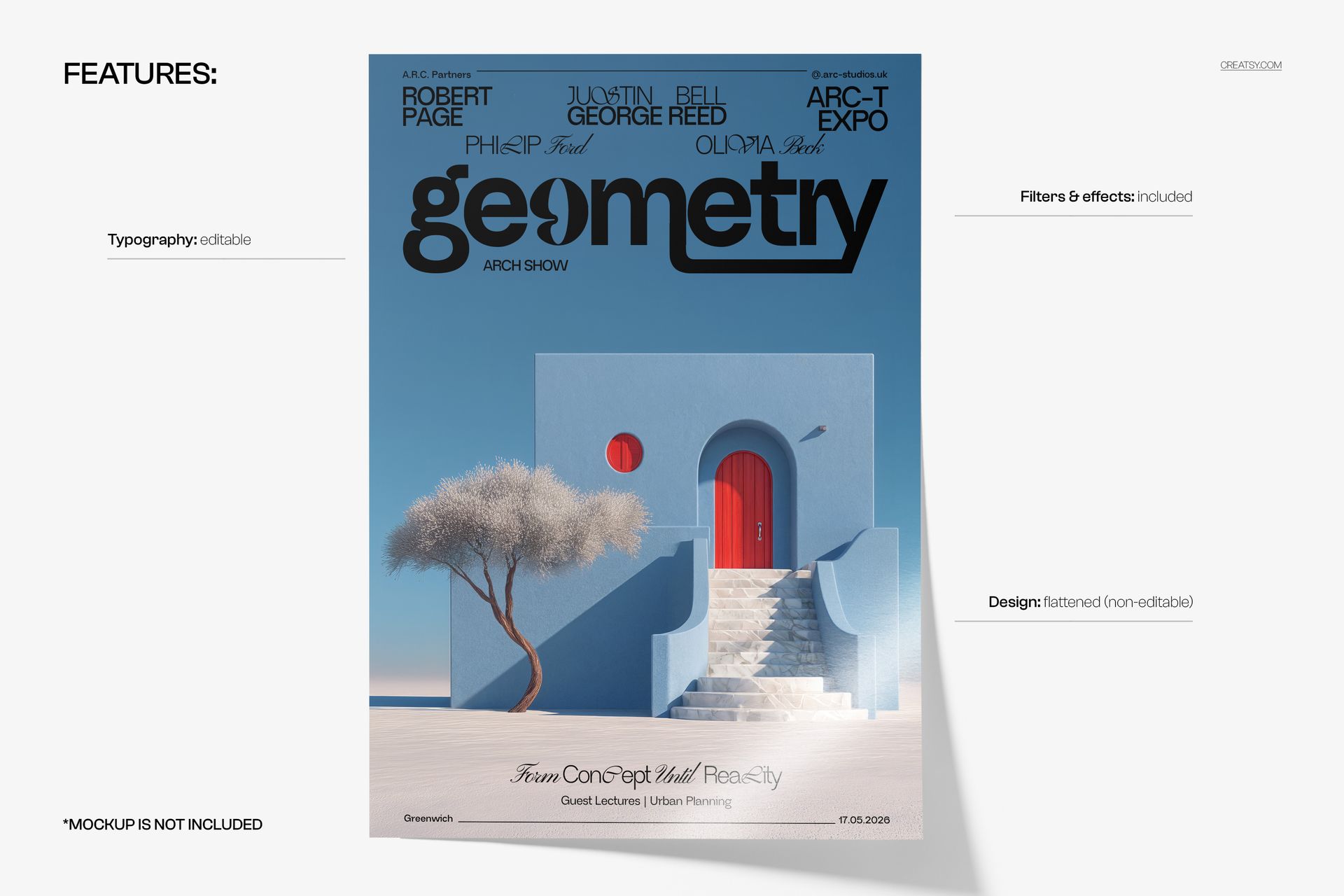 PSD mockup of a poster displaying a modern blue building with a red door and arch, tree on the left, front perspective.