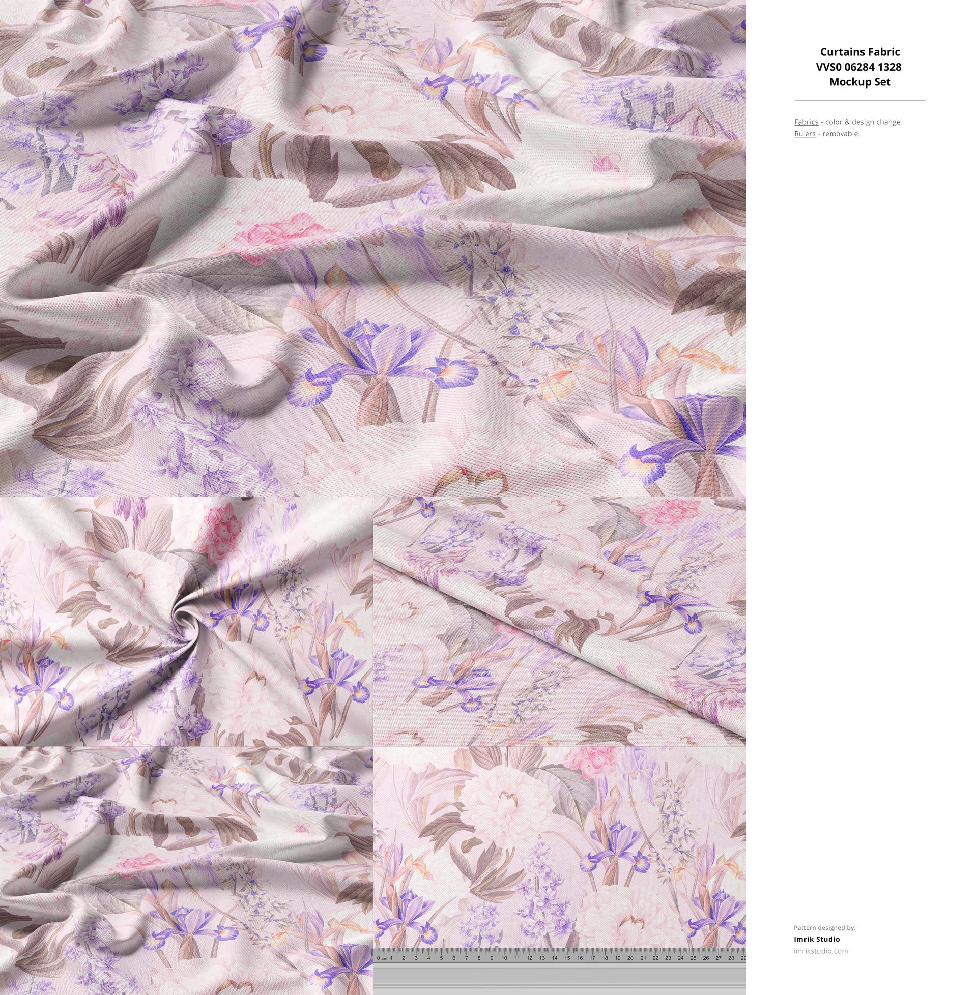 Detailed top view of textured fabric mockup showing soft creases and a botanical design in muted pink and lavender tones.