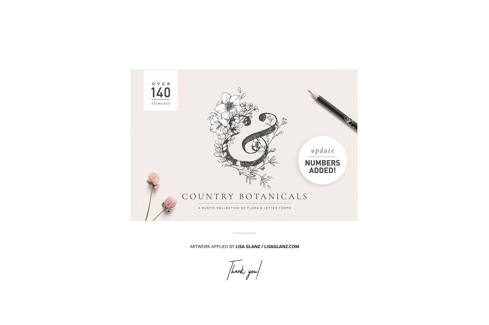 Top view of a fabric bolt mockup featuring a botanical ampersand design, pencil, and dried flowers on a light background.