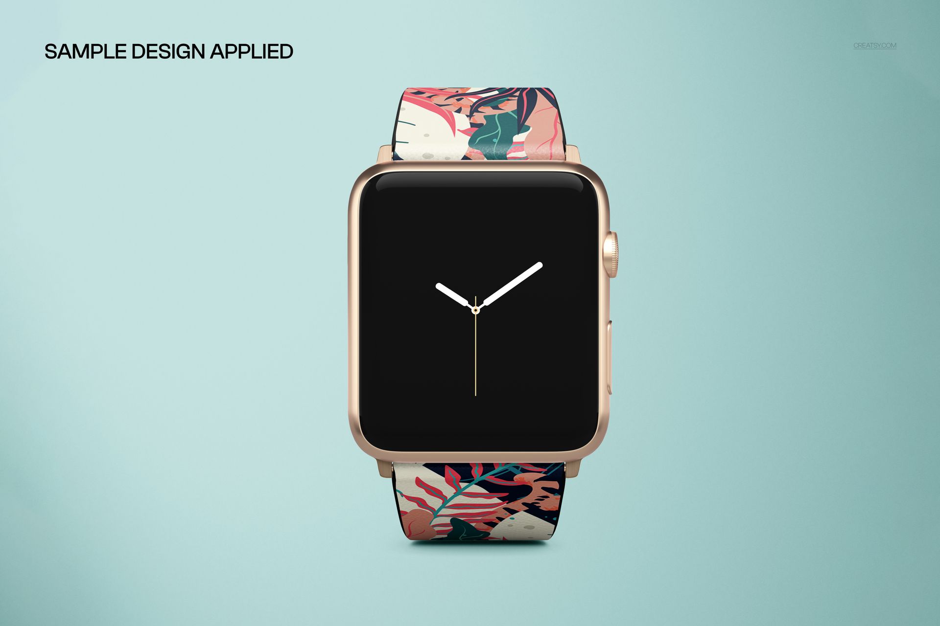 Apple Watch leather band mockup with multicolored floral design, shown from the front against a pale blue backdrop.