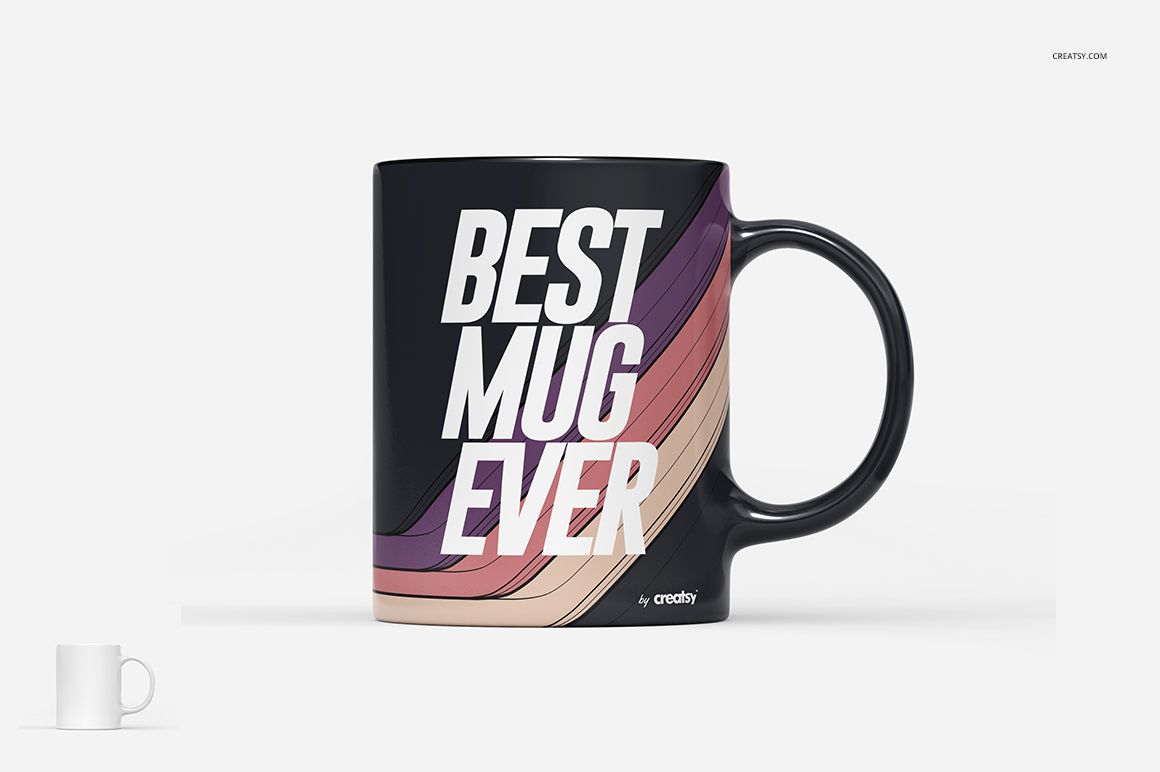 PSD mockup of an 11oz ceramic mug featuring large white text and colorful curved stripes, shown from the front.