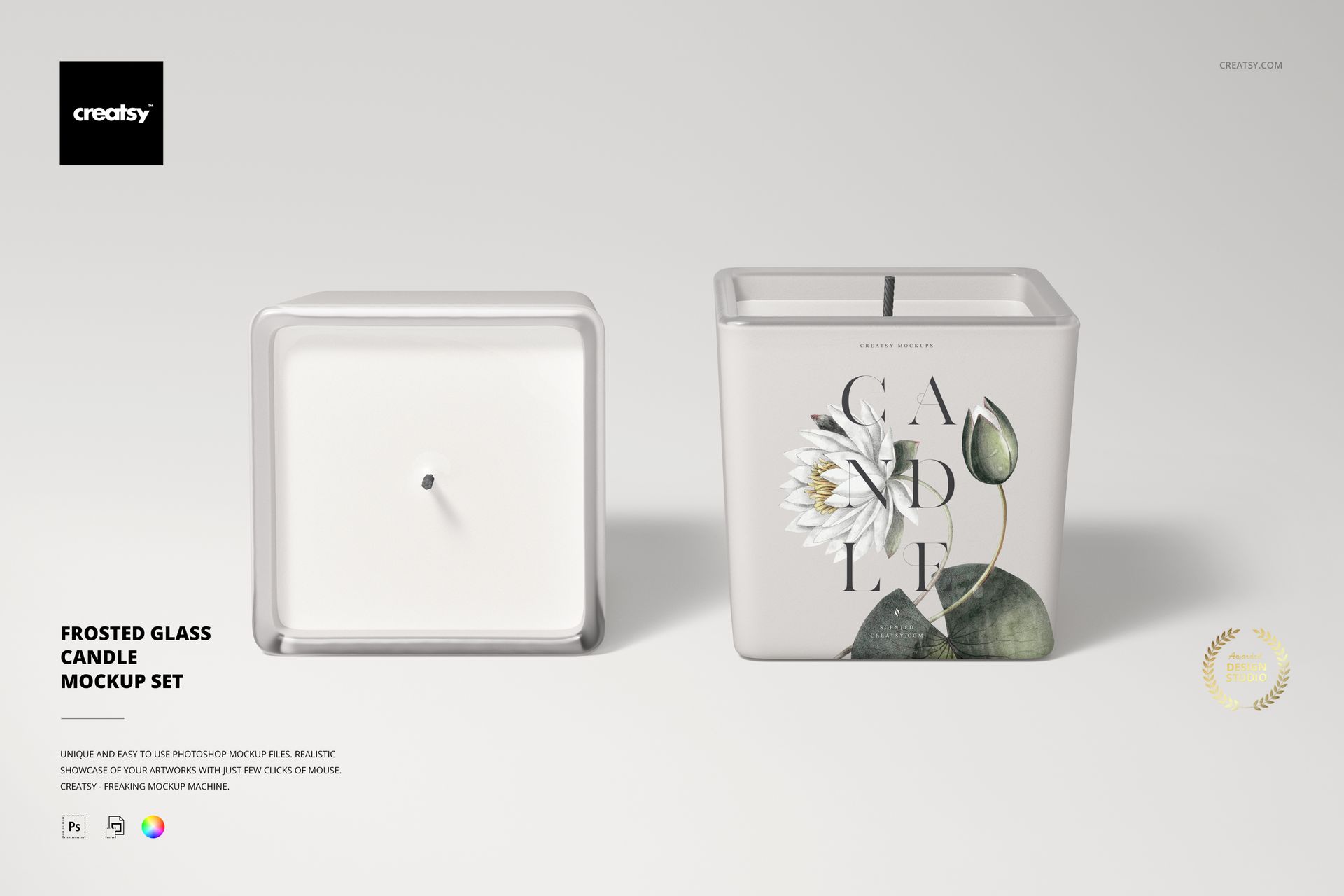 Square candle mockup featuring two frosted glass candles, one with a floral label design, shown on a light background.