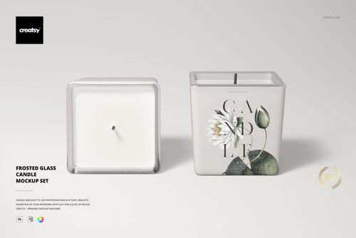 Square candle mockup featuring two frosted glass candles, one with a floral label design, shown on a light background.