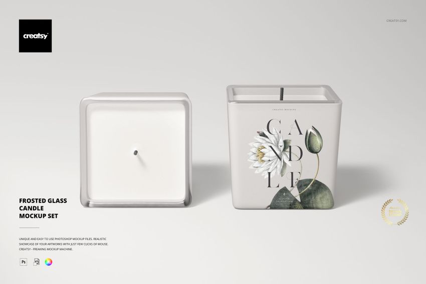 Square candle mockup featuring two frosted glass candles, one with a floral label design, shown on a light background.