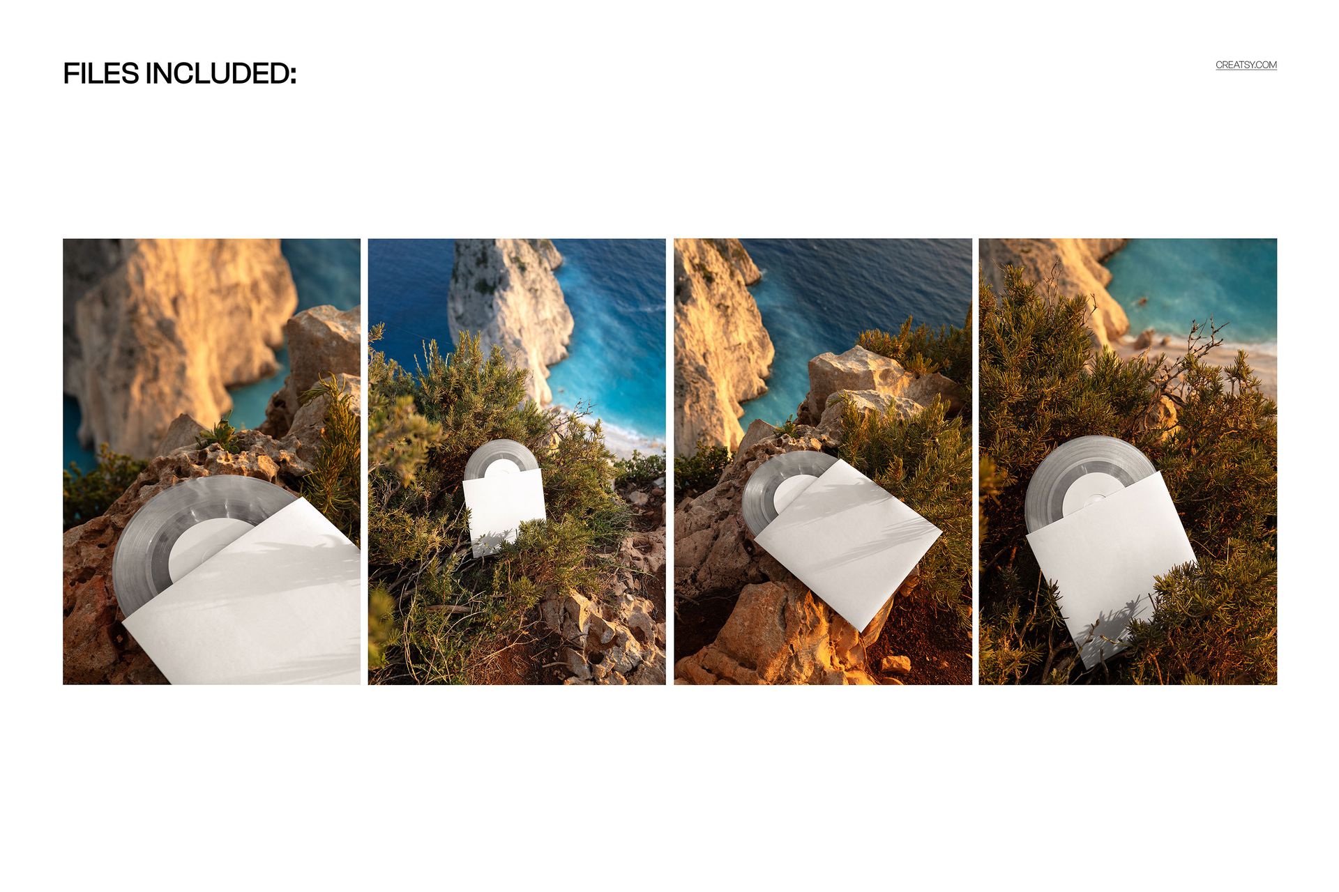 Clear vinyl record mockup set on a cliffside with greenery and ocean in the background, viewed from above.