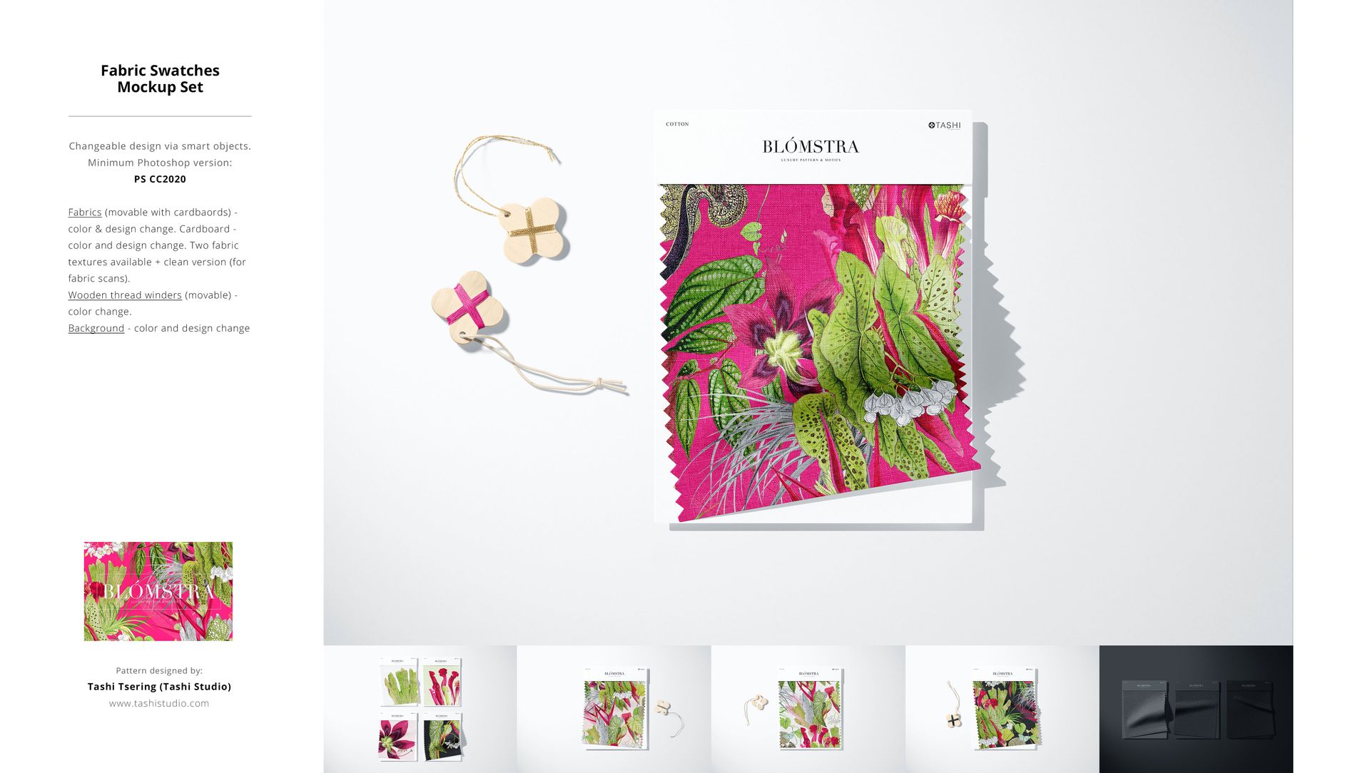 Front view of a fabric swatch mockup featuring a vibrant pink botanical pattern, displayed with string tags on a white background.