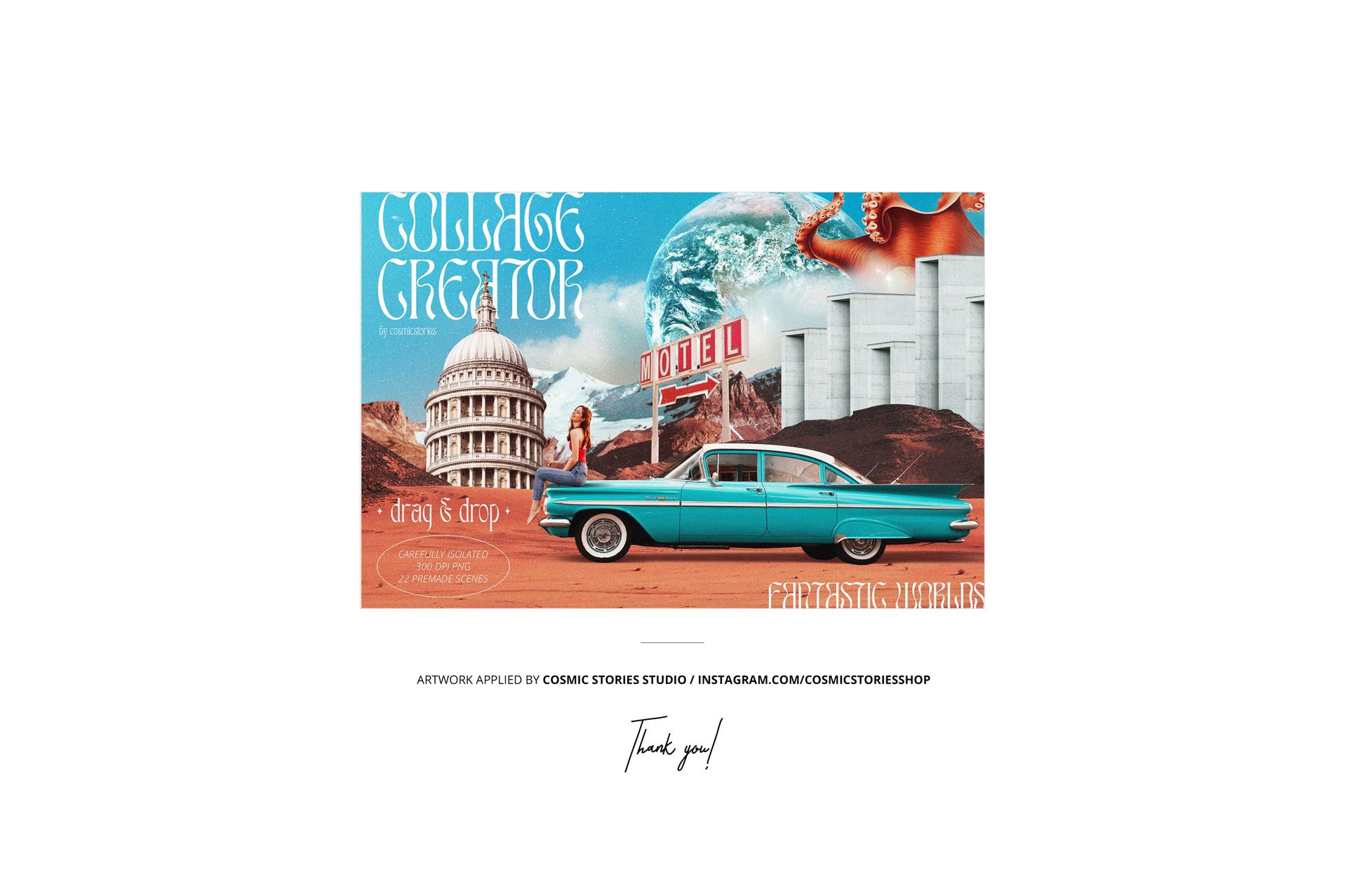 PSD mockup of an adult apparel T-shirt hanging, showcasing a surreal collage design with various retro motifs.