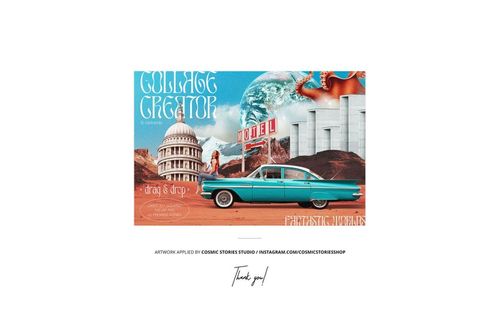 PSD mockup of an adult apparel T-shirt hanging, showcasing a surreal collage design with various retro motifs.