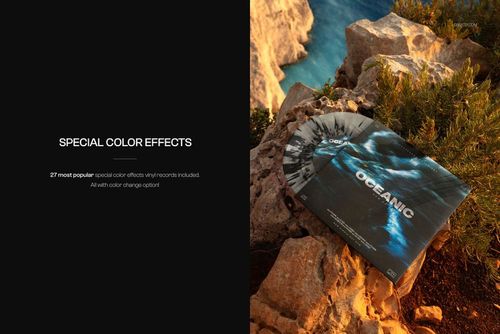 Translucent colored vinyl record and album cover mockup displayed on rocky cliff with ocean in background.
