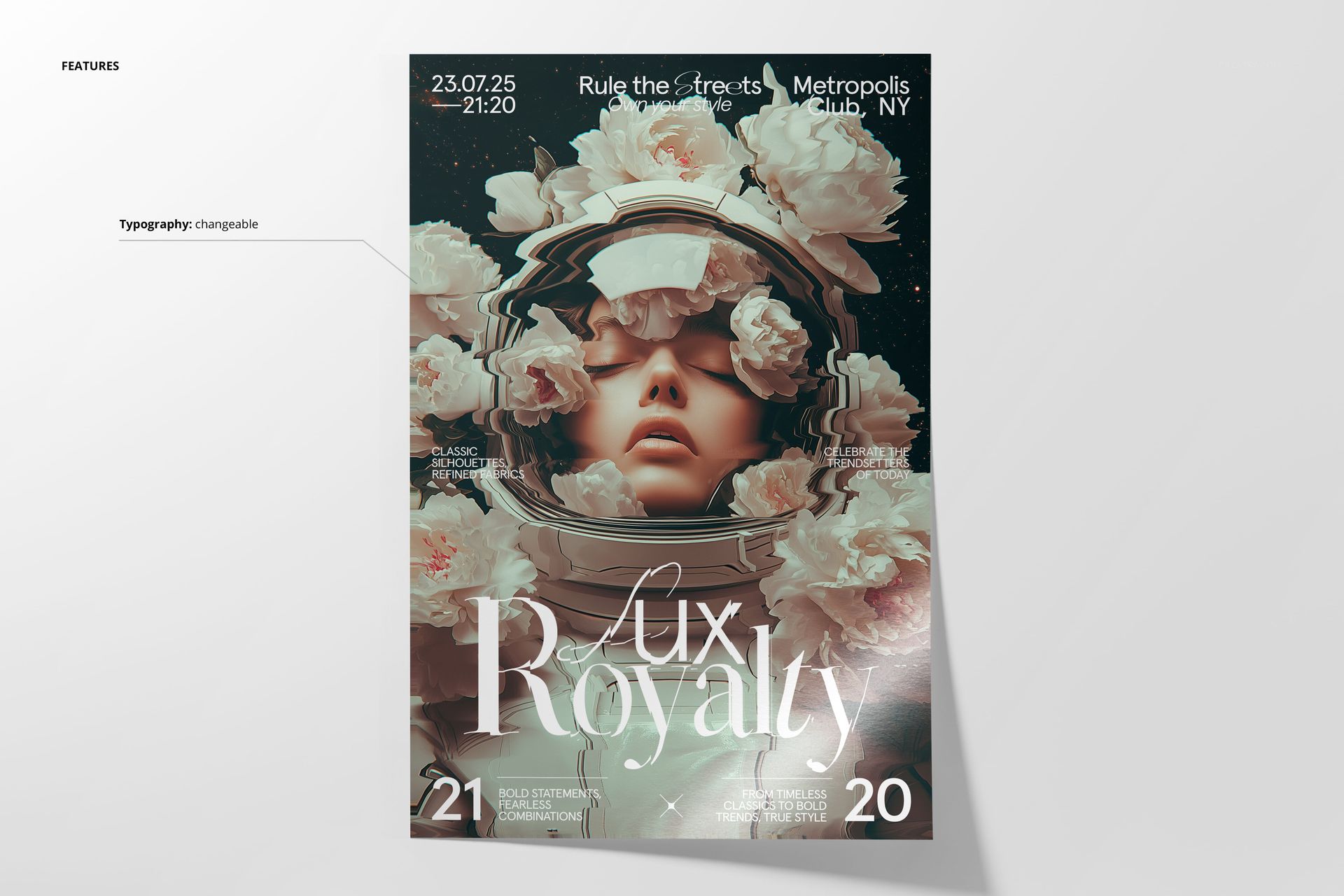 Front view of a poster mockup featuring an astronaut helmet surrounded by pale pink orchid flowers and elegant text.