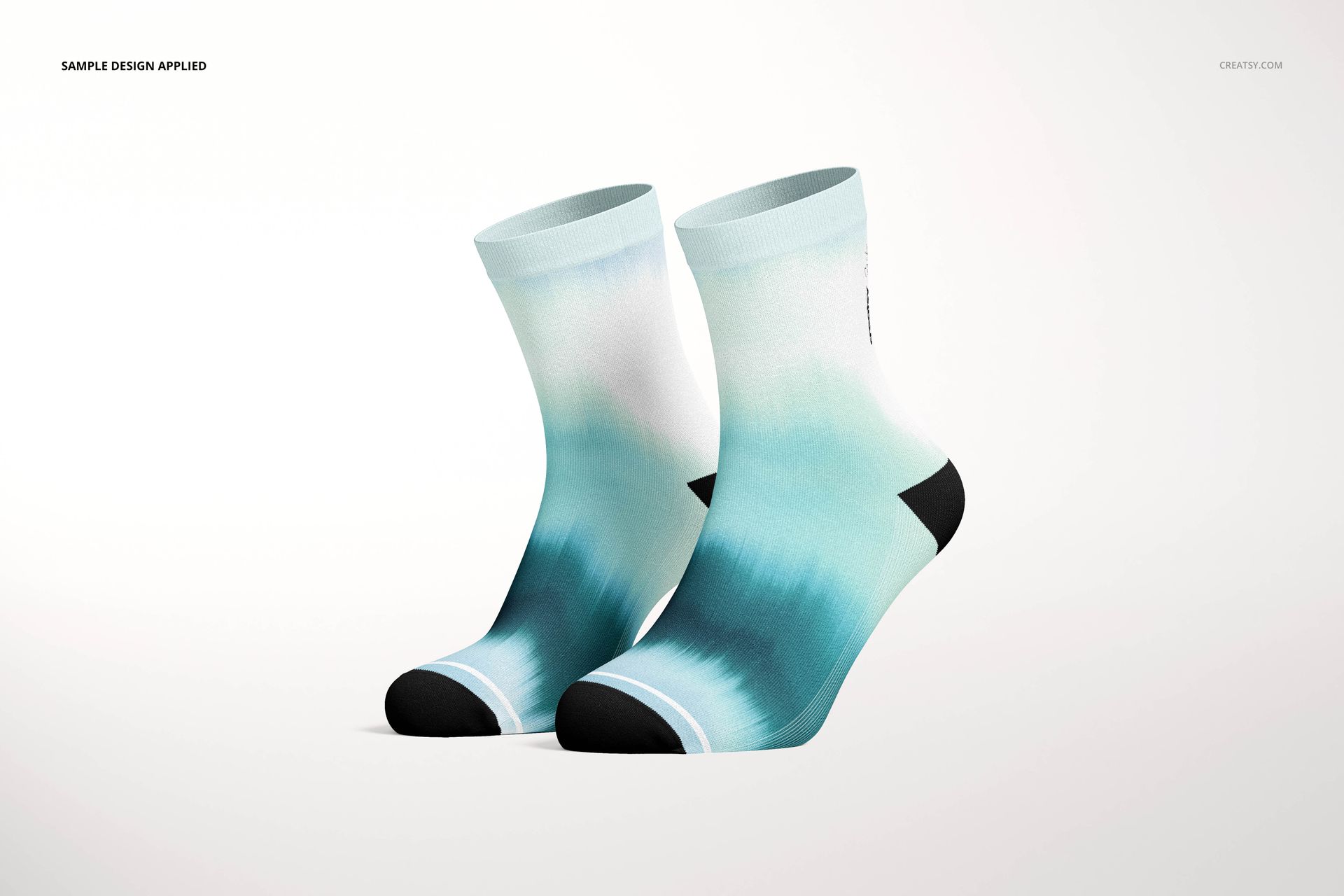 Short socks mockup featuring a soft teal and white gradient design, black accents, shown from a front angle.