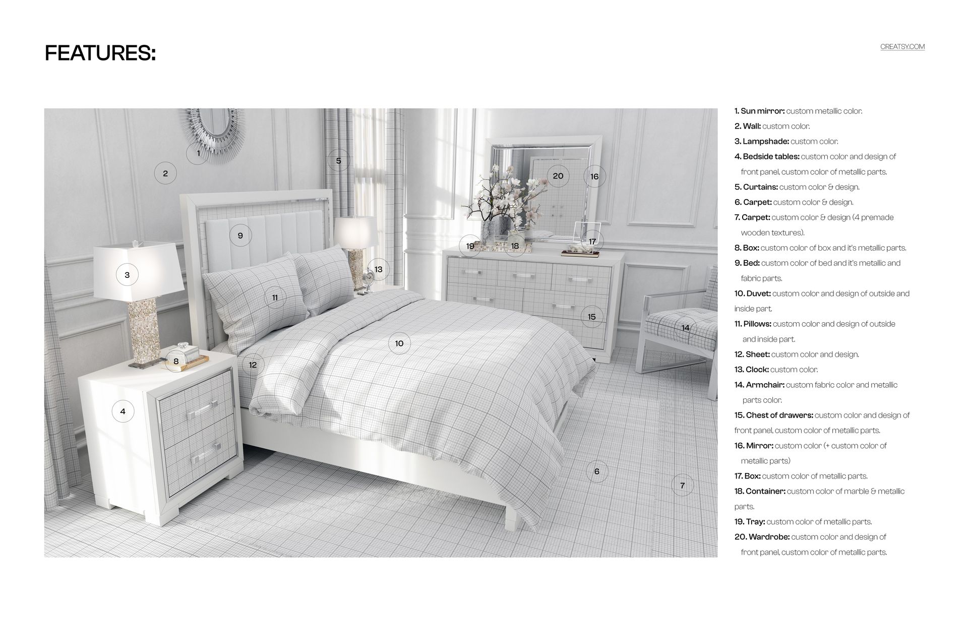 Front view of a luxury bedroom bedding mockup set featuring a neatly made bed with pillows, blanket, and white furniture in a bright room.