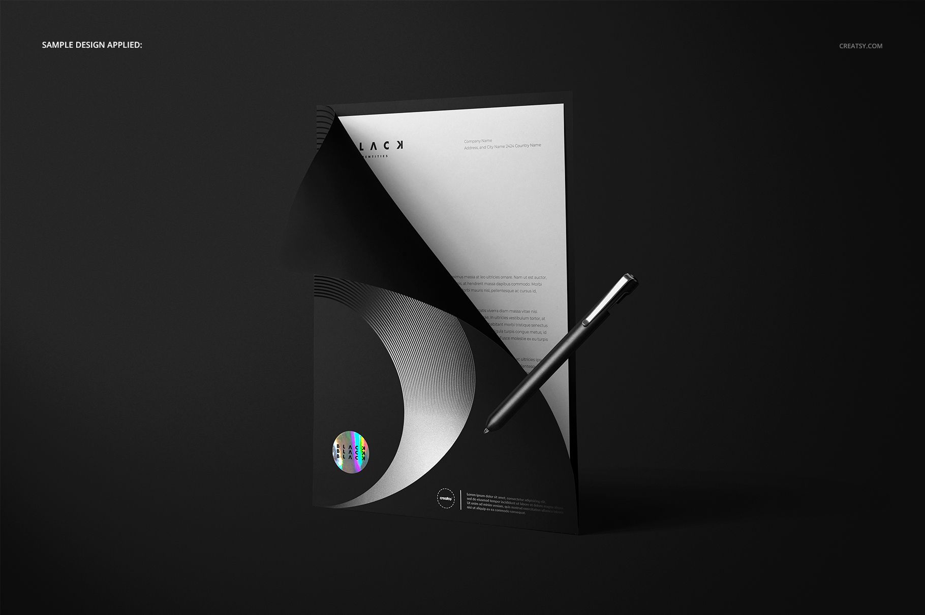 Folder mockup set featuring a stationery folder with a curved black cover partially open, revealing a white sheet and a pen on a dark background.