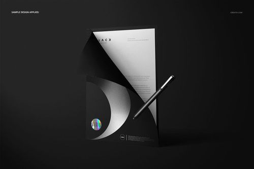 Folder mockup set featuring a stationery folder with a curved black cover partially open, revealing a white sheet and a pen on a dark background.
