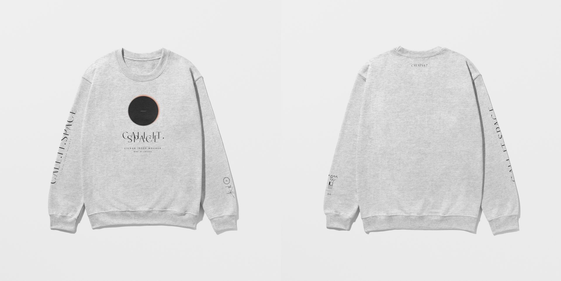 Front and back view of a light gray adult sweatshirt mockup with minimal black graphic and text details on sleeves.