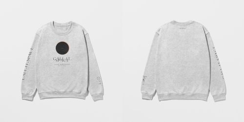 Front and back view of a light gray adult sweatshirt mockup with minimal black graphic and text details on sleeves.