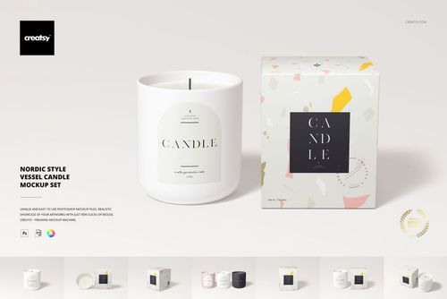 Nordic style candle mockup set featuring a white vessel candle with a minimalist label and patterned box, front view.