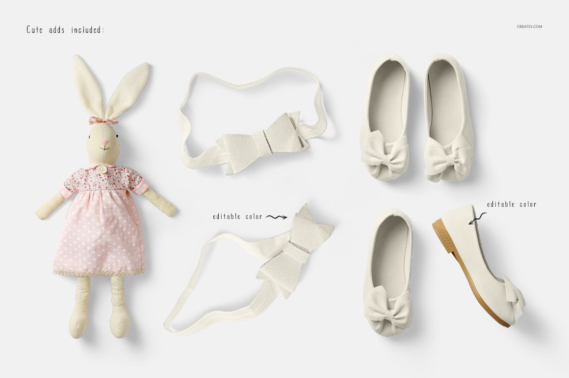 Baby dress mockup set featuring a pink polka dot dress on a plush bunny, white headbands, and white baby shoes with bows.