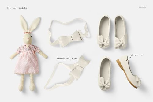 Baby dress mockup set featuring a pink polka dot dress on a plush bunny, white headbands, and white baby shoes with bows.
