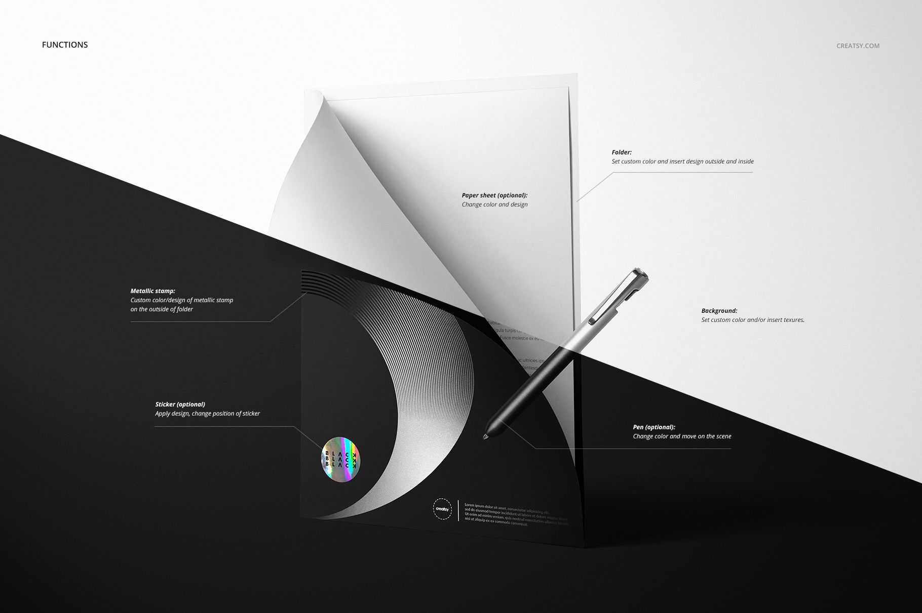 Stationery folder mockup set with a metallic design, open paper sheet, and silver pen on a split black and white background.