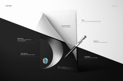 Stationery folder mockup set with a metallic design, open paper sheet, and silver pen on a split black and white background.