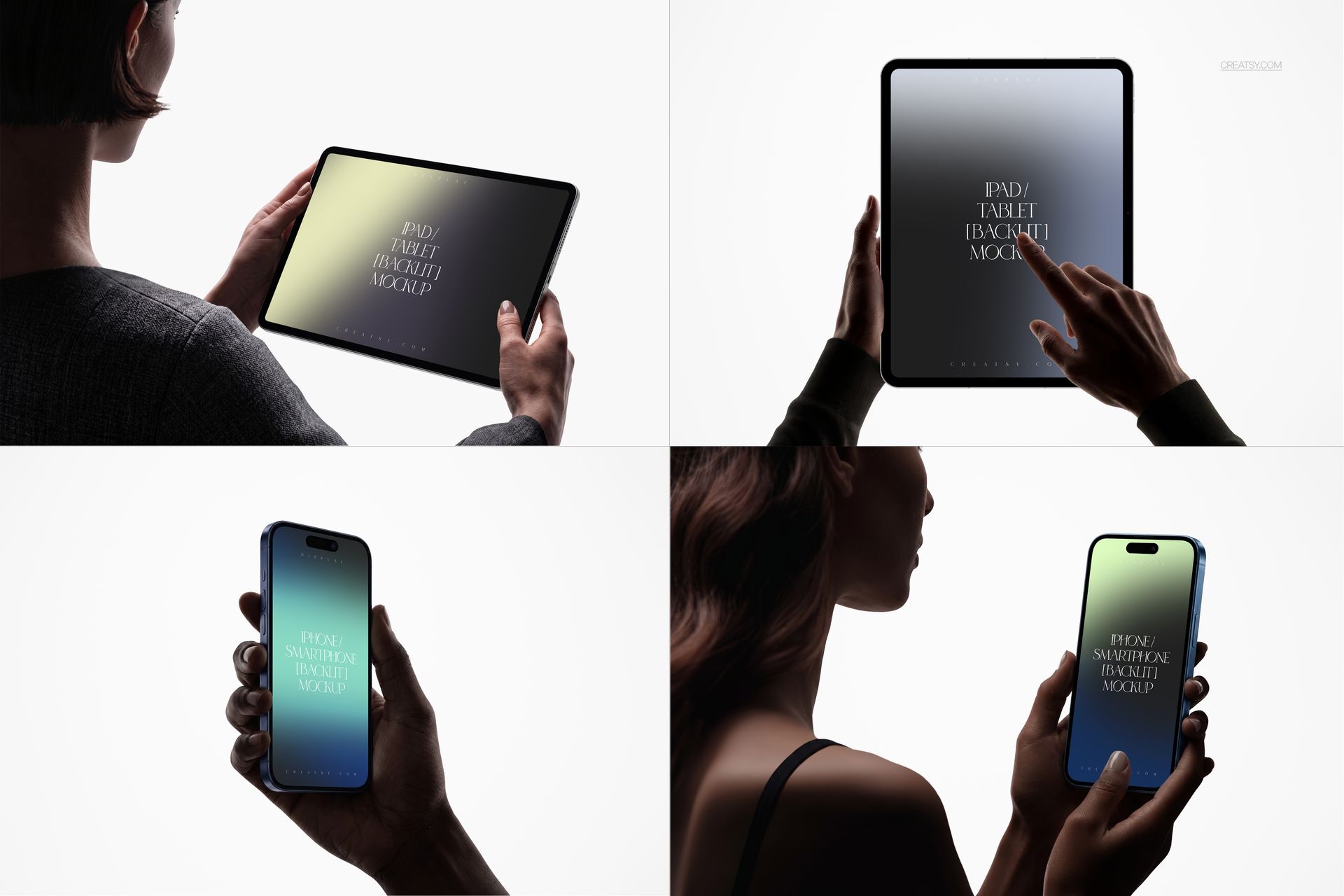 PSD mockup featuring close-up views of hands holding an iPhone, iPad Pro, and laptop with illuminated screens.