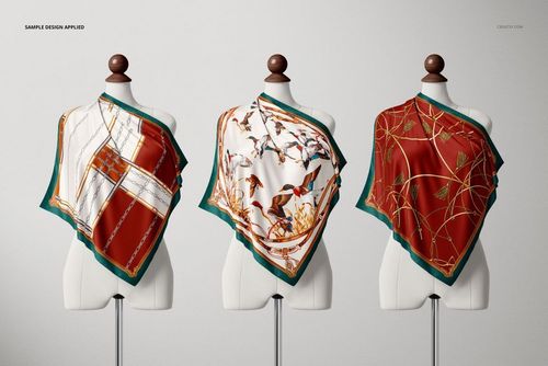 Silk scarf mockup featuring three mannequins, each draped with a distinct patterned scarf, neutral backdrop.