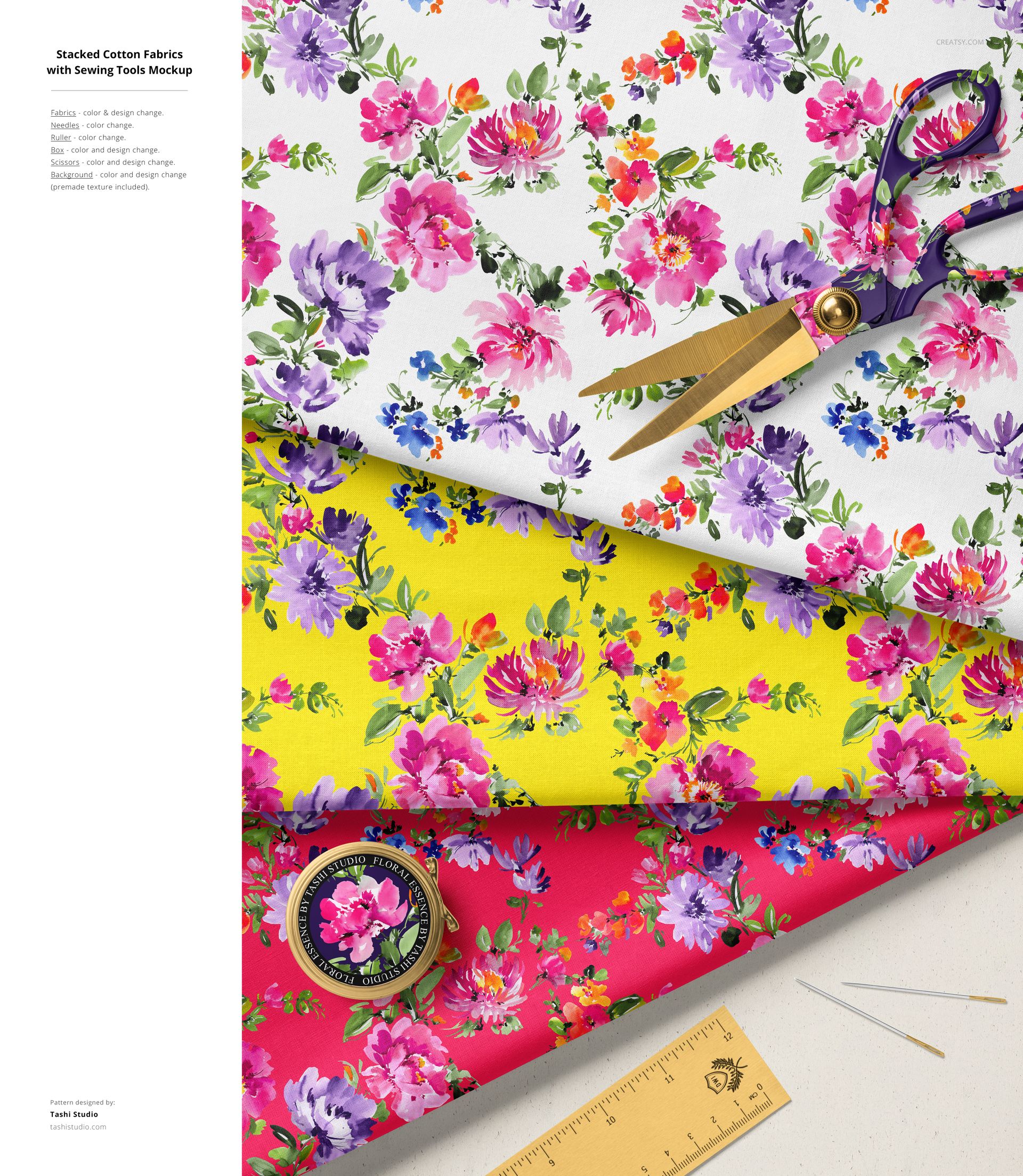 Three layers of cotton fabric in bright floral prints, arranged with scissors, ruler, and thread in a flat lay mockup scene.