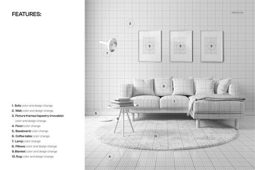 Front view of a living room PSD mockup with a sofa, tapestry, picture frames, round rug, and pillows in neutral tones.