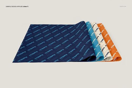 Three sheets of wrapping tissue paper mockup displayed side by side, each with a different color and pattern, shown from a front angle.