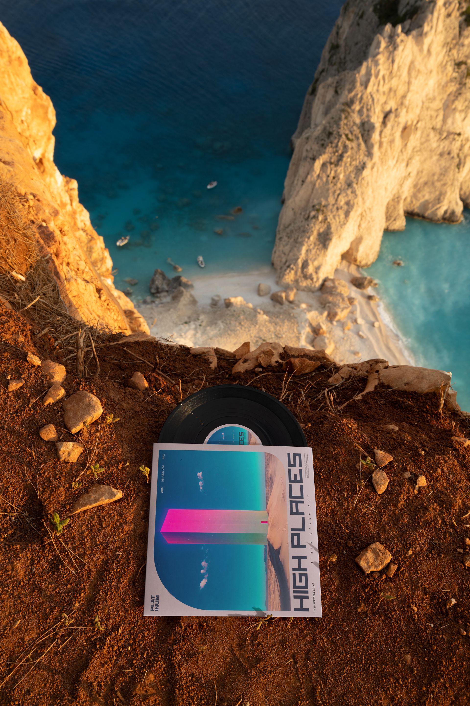 7 inch vinyl record mockup set on brown earth near a cliff, with turquoise water and boats below.
