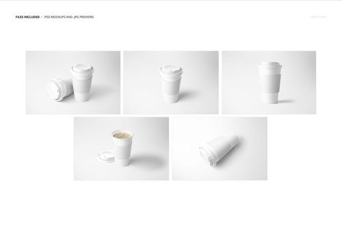 Paper coffee cup mockup set featuring five white cups with lids and sleeves, shown from various angles on a plain background.