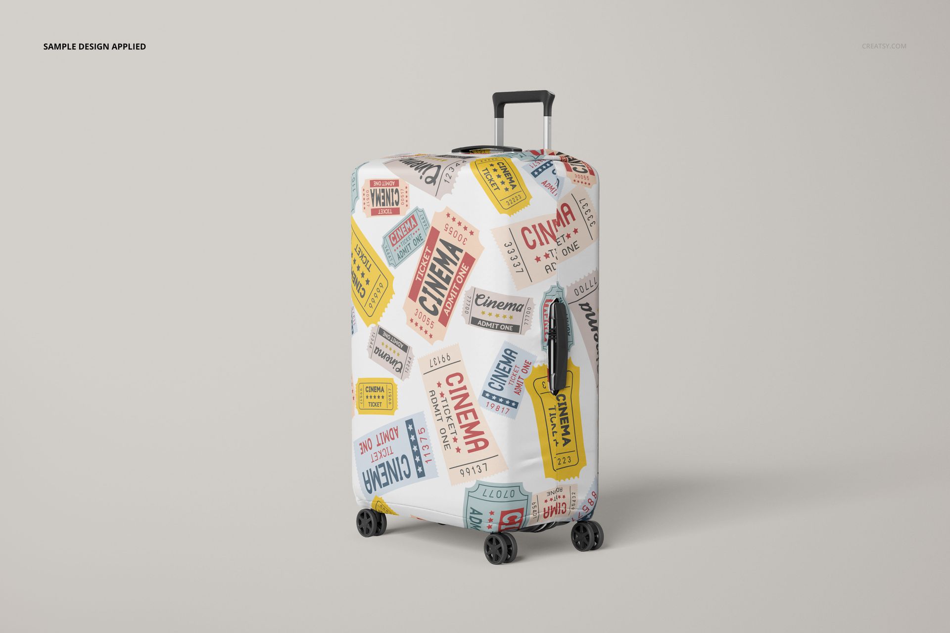 Suitcase covered with a mockup design showing various cinema tickets in red, yellow, and blue on a white base.