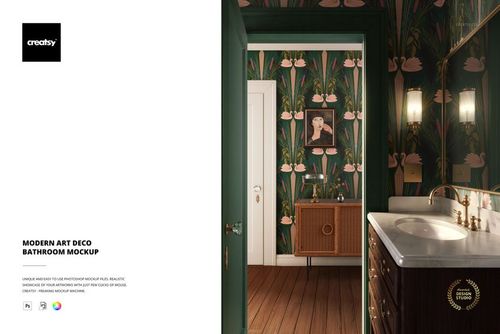 Art deco bathroom mockup with green and pink patterned wallpaper, wooden cabinet, and white sink in a side view.