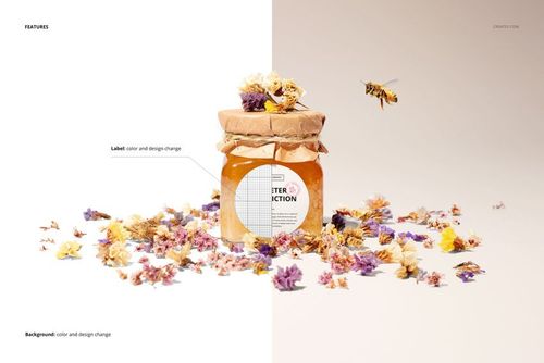 Flower honey jar PSD mockup featuring a round glass container, kraft lid, and assorted dried flowers, frontal perspective.