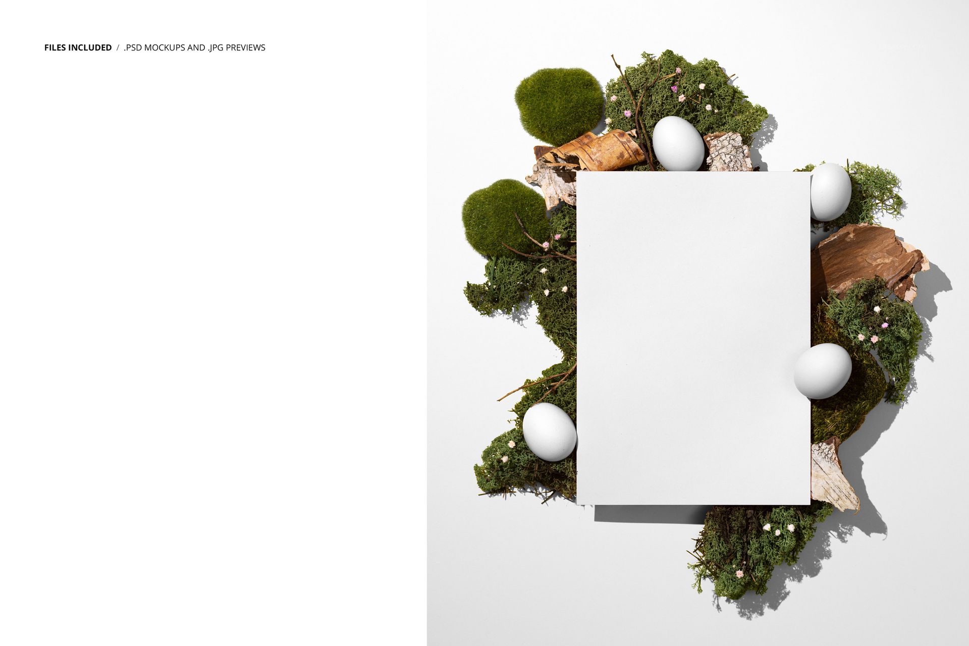 Front view of a blank poster mockup surrounded by green moss, bark pieces, and white Easter eggs on a white background.