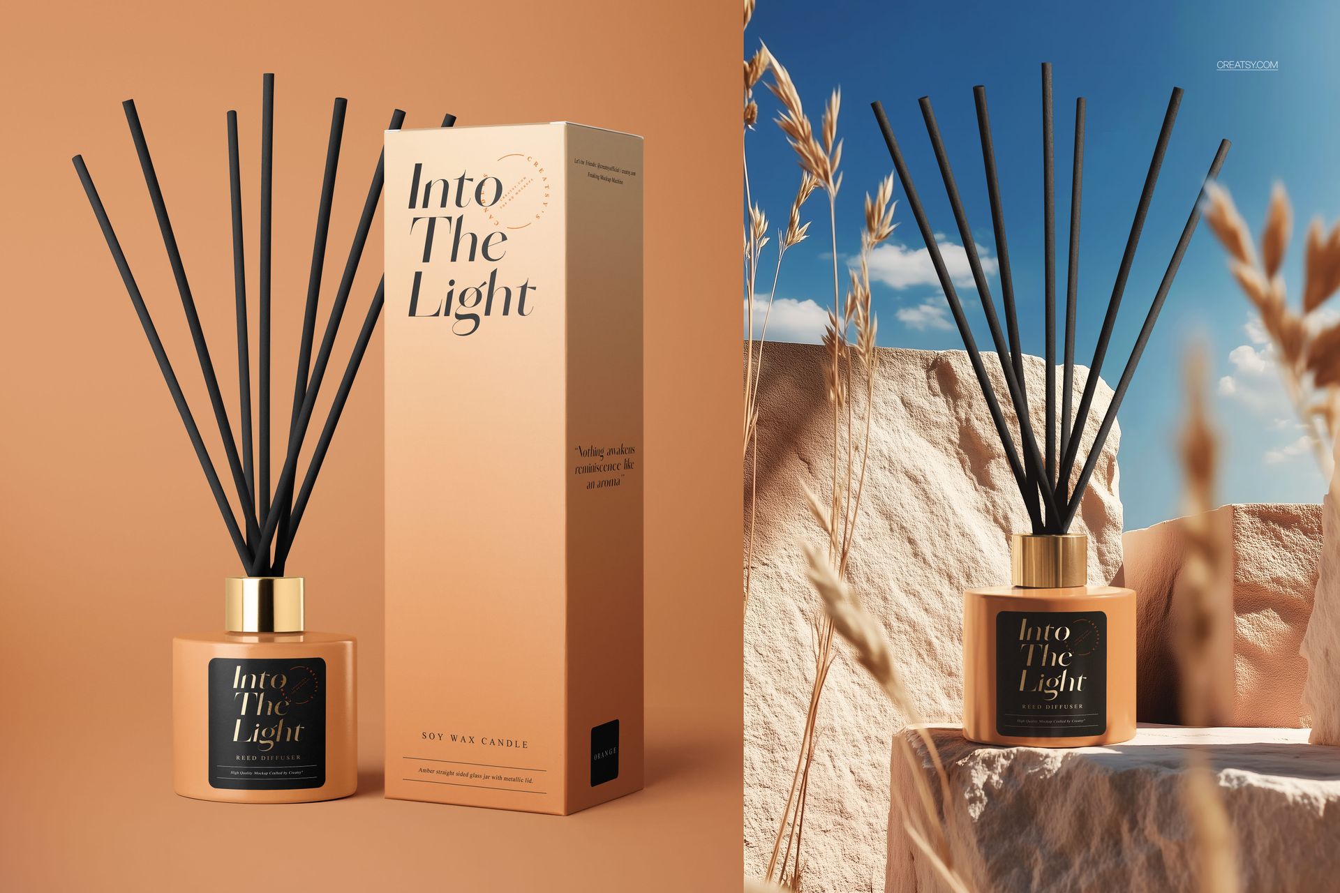 Painted glass reed diffuser mockup with black sticks and gold accents, shown beside a tall rectangular box.