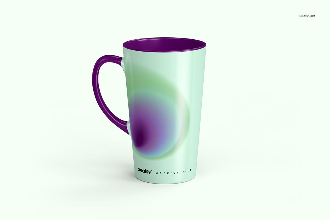 Tall latte mug with a curved handle, featuring a green and purple abstract gradient design, front view on white background.