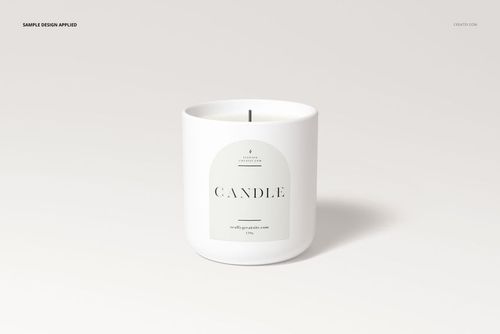 PSD mockup of a white candle jar featuring a clean label design, presented against a soft, light-colored backdrop.
